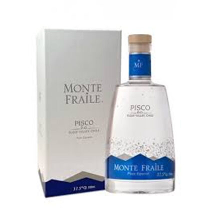 Botella de Pisco Monte Fraile Especial Transparente 37.5° de 700cc con su caja, destacando su diseño azul y blanco.