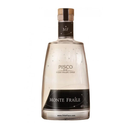 Botella de Pisco Monte Fraile Reservado 40° 750cc, transparente, con etiqueta negra y detalles de estrellas, del Valle de Elqui, Chile.