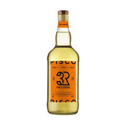 Botella de Pisco Tres Erres Especial 35° de 1 litro con etiqueta naranja, destacando el "3R" y su líquido dorado claro.