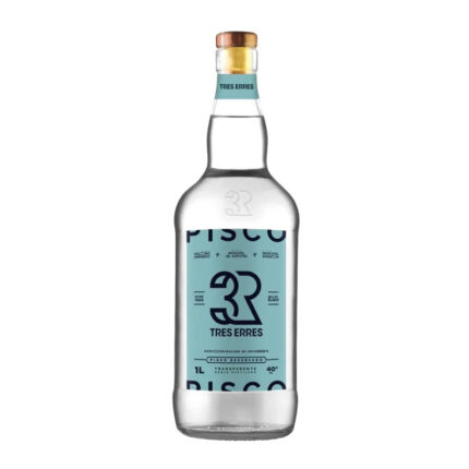 Botella de Pisco Tres Erres Reservado 40° 1L, transparente, etiqueta azul con letras blancas, mostrando su origen chileno del Valle del Elqui.
