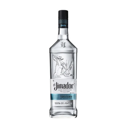 Botella de Tequila El Jimador Blanco 750cc, 100% agave azul, transparente con diseño clásico del jimador cosechando agave.