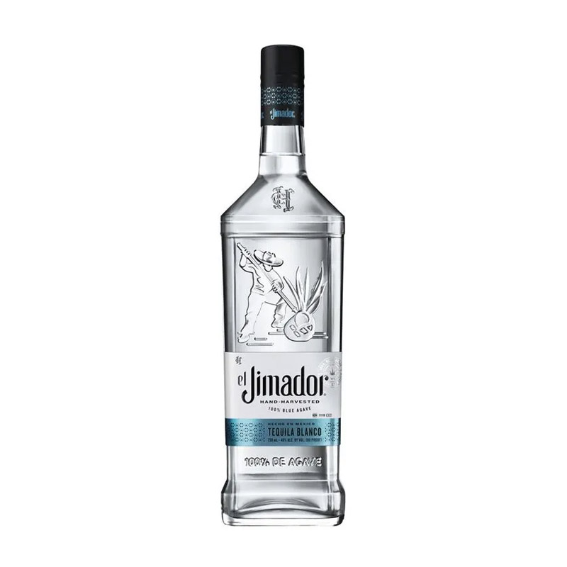 Botella de Tequila El Jimador Blanco 750cc, 100% agave azul, transparente con diseño clásico del jimador cosechando agave.