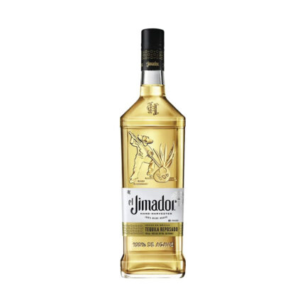 Botella de Tequila El Jimador Reposado 750cc, 100% agave azul, con grabado de jimador y líquido dorado.