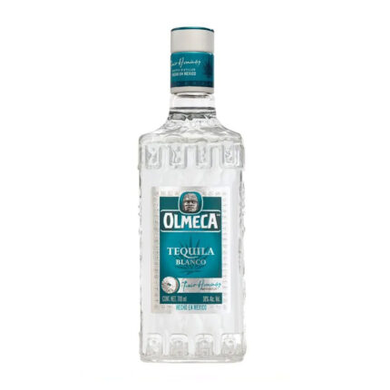 Botella de Tequila Olmeca Silver 700cc, tequila blanco cristalino de Jalisco con etiqueta azul y cabeza olmeca.