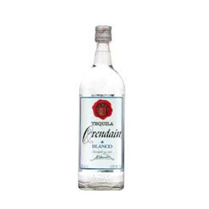Botella de Tequila Orendain Blanco 750cc cristalina con etiqueta blanca, sello rojo y letras azules, reflejando su pureza y origen de agave.