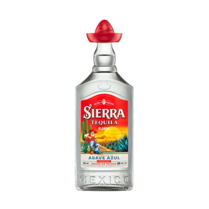 Botella de Tequila Sierra Blanco de 700cc, con sombrero rojo distintivo, elaborada con agave azul en Jalisco, México.