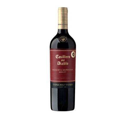 Vino tinto Casillero del Diablo Reserva Especial Carmenere 750cc de Concha y Toro, con etiqueta roja y dorada, botella clásica.