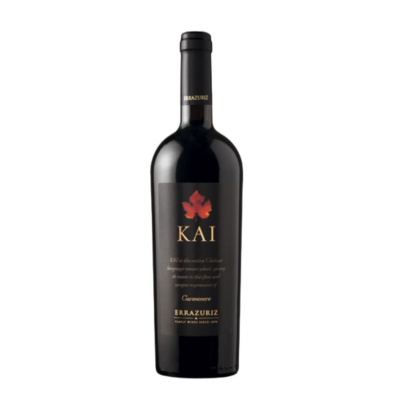 Vino Errazuriz Kai Carmenere 750cc Botella de Vino Errazuriz Kai Carmenere, tinto profundo, etiqueta negra con hoja roja y letras doradas, premium del Valle de Aconcagua.