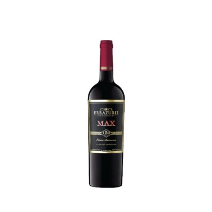 Botella de Vino Errazuriz Max Cabernet Sauvignon Edición Aniversario, etiqueta negra y oro con letras rojas MAX.