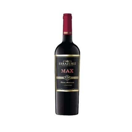 Botella de Vino Errazuriz Max Carmenere Edición Aniversario 150 Años, con etiqueta negra y detalles dorados y rojos.