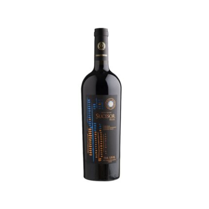 Vino Sucesor Blend Casa Donoso, botella de vino tinto oscuro con etiqueta azul y dorada, 750ml, 13.5% vol.