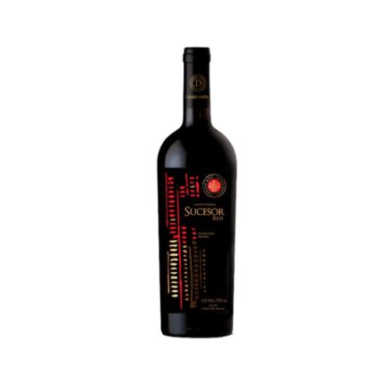 Botella de Vino Sucesor Red Carmenere Malbec de Casa Donoso, con etiqueta negra y detalles rojos, sobre fondo blanco.