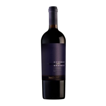 Botella de Vino Tinto Tierras Moradas Carmenere de Viña San Pedro, Valle del Maule, Chile. Etiqueta oscura elegante.