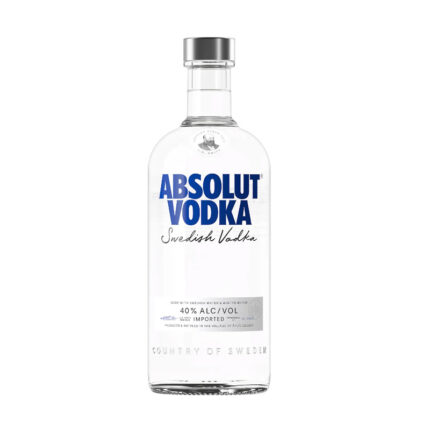 Botella de Vodka Absolut Original 750cc, vidrio transparente con etiqueta azul, mostrando la pureza del vodka sueco.