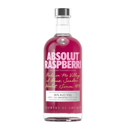 Botella de Vodka Absolut Raspberry 7650cc, color fucsia intenso, con etiqueta blanca y detalles negros, sobre fondo blanco.