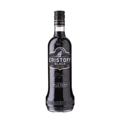 Botella de Vodka Eristoff Black de 700cc, color oscuro intenso con etiqueta de lobo y texto "Wild Berry Spirit Drink".