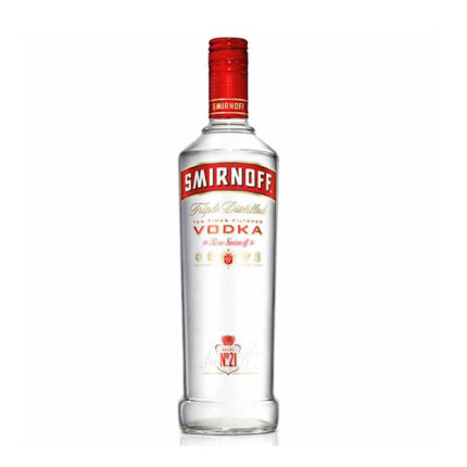 Botella de Vodka Smirnoff Transparente 750cc con tapa roja, etiqueta blanca y texto rojo, destacando su pureza y calidad.