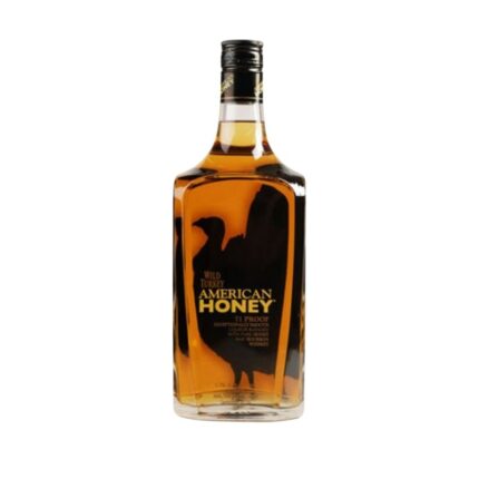 Botella de Wild Turkey American Honey 750cc, licor de bourbon con miel, con etiqueta negra y silueta de pavo.