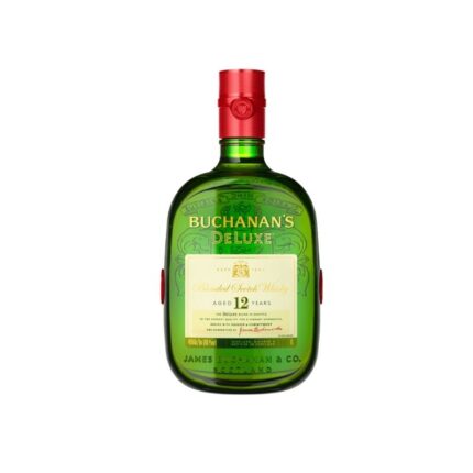 Botella de Whisky Buchanan´s 12 años DeLuxe, blended Scotch premium de Escocia, con etiqueta crema y tapón rojo.