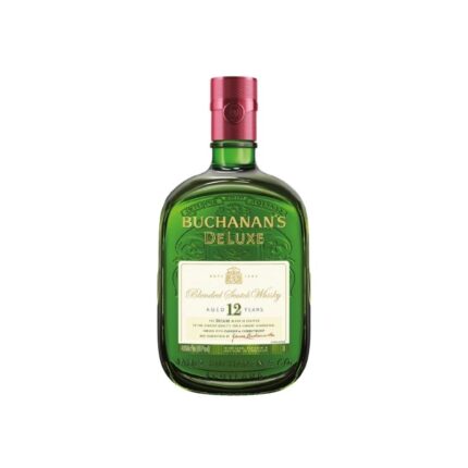 Botella de Whisky Buchanan´s 12 años 750cc, blended scotch, diseño verde aplanado con tapa roja y etiqueta clásica.