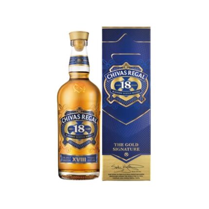 Botella de Whisky Chivas Regal 18 años 750cc Gold Signature con estuche azul, un blended scotch whisky premium.