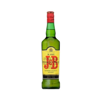 Botella de Whisky J&B Rare de 750cc, blended scotch escocés de Justerini & Brooks, con etiqueta amarilla y tapa roja.