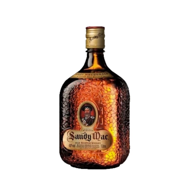 Botella de Whisky Sandy Mac Old Scotch Whisky de 1 Litro, color ámbar, con botella de vidrio texturizado y etiqueta clásica.
