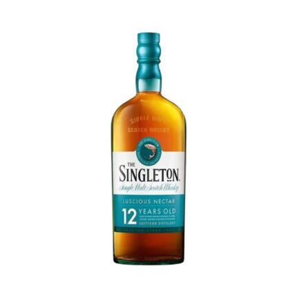 Botella de Whisky The Singleton 12 años de 700cc, single malt escocés de Speyside con etiqueta azul y crema.