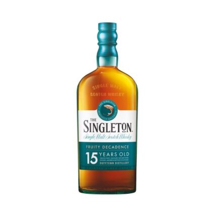 Botella de Whisky The Singleton 15 años Single Malt Scotch, con etiqueta blanca y detalles turquesa, de la destilería Dufftown.