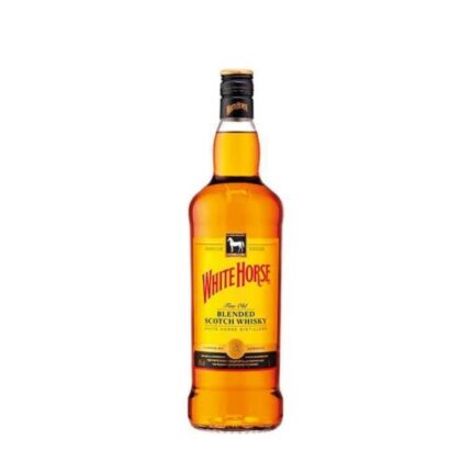Botella de Whisky White Horse 750cc, un Blended Scotch Whisky escocés de color dorado ámbar y etiqueta clásica con el logo del caballo.