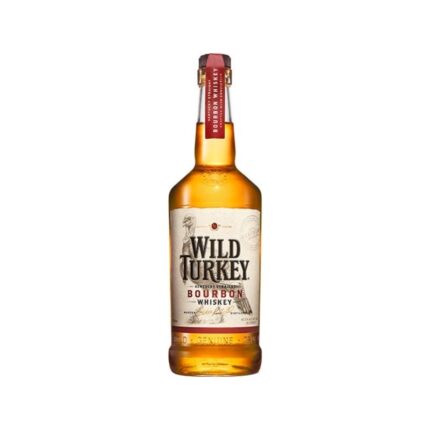 Botella de Whisky Wild Turkey Kentucky Straight Bourbon de 750cc con etiqueta clásica y líquido ámbar brillante.