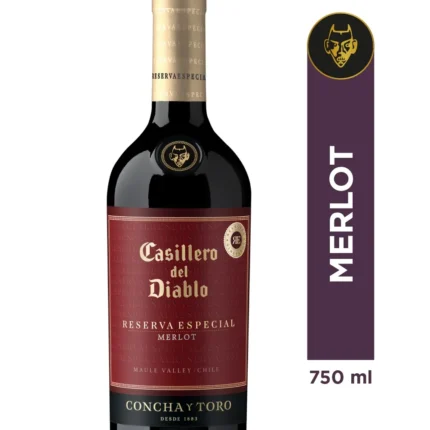 Botella de Vino Casillero del Diablo Reserva Especial Merlot de 750cc, con etiqueta clásica y el icónico logo del diablo.