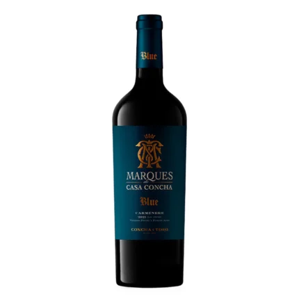 Botella de Vino Marques De Casa Concha Blue Carmenere 2021, etiqueta azul con detalles dorados, de Concha y Toro.