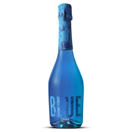 Botella de Espumante Opera Blue Moscato 750cc, color azul brillante con etiqueta "BLUE" y tapa de foil azul, fondo blanco.