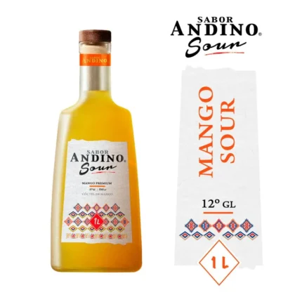 Botella de Andino Sour Mango Premium 1L, cóctel chileno de mango con 12° GL, lista para servir.
