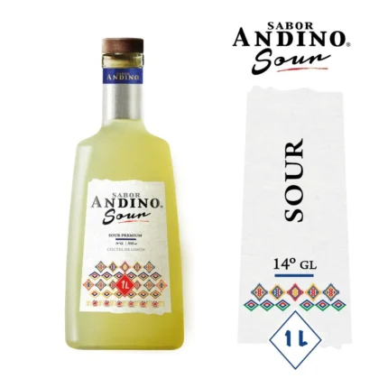 Botella de Andino Sour Premium de 1 Litro, cóctel de limón chileno, con etiqueta de diseño andino.
