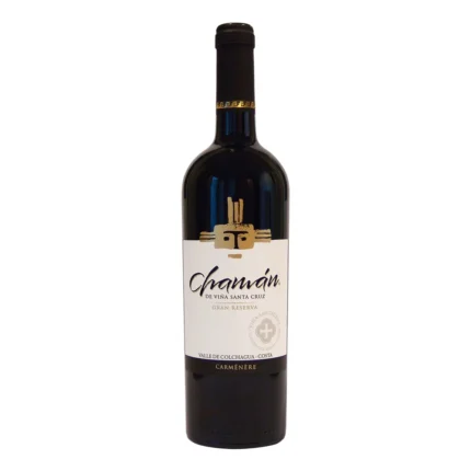 Botella de Vino Chaman Magnum Gran Reserva Carmenere de Viña Santa Cruz, con etiqueta precolombina dorada.