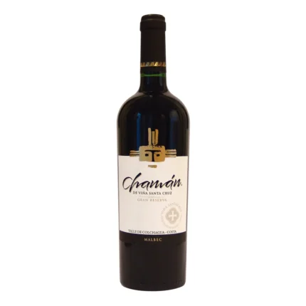 Botella de Vino Chaman Magnum Gran Reserva Malbec de Viña Santa Cruz con etiqueta blanca y figura ancestral dorada.