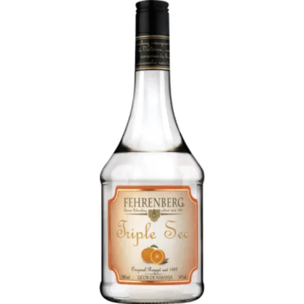 Botella de Triple Sec Fehrenberg de 700 ml, licor de naranja transparente con etiqueta naranja y dibujo de cítricos, 34% Alc. Vol.