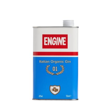 Lata de Engine Gin Organico Italiano 01 de 700ml con etiqueta blanca y azul, y detalles rojos, evocando un diseño de lata de aceite de motor.