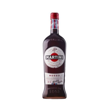 Botella de Licor Martini Vermouth Rosso 750cc, vermouth dulce italiano de color rojo rubí intenso con etiqueta clásica y tapón rojo.