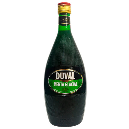Botella de licor Menta Duval 950 cc verde oscuro con etiqueta "Menta Glacial" y tapón dorado, ideal para cócteles.