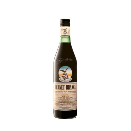 Botella de Licor Fernet Branca 750cc, con etiqueta clásica de águila y tonos oscuros, lista para disfrutar.