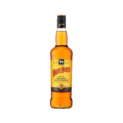 Botella de Pack Whisky White Horse 740cc, Blended Scotch de color ámbar con etiqueta amarilla y caballo blanco.