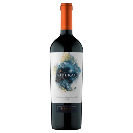 Botella de Sideral Blend de Viña San Pedro, vino tinto premium del Valle de Cachapoal Andes, Chile, con etiqueta celeste de constelación.