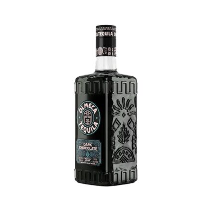 Botella de Tequila Olmeca Chocolate 700cc, color oscuro con relieves Olmecas, etiqueta azul que destaca "Dark Chocolate".