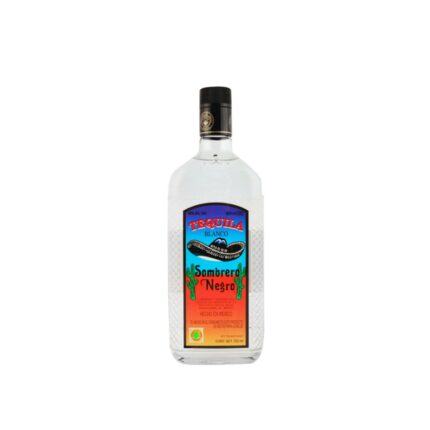 Botella de Tequila Sombrero Negro Blanco 750cc, tequila mexicano puro de agave con etiqueta vibrante y sombrero negro.