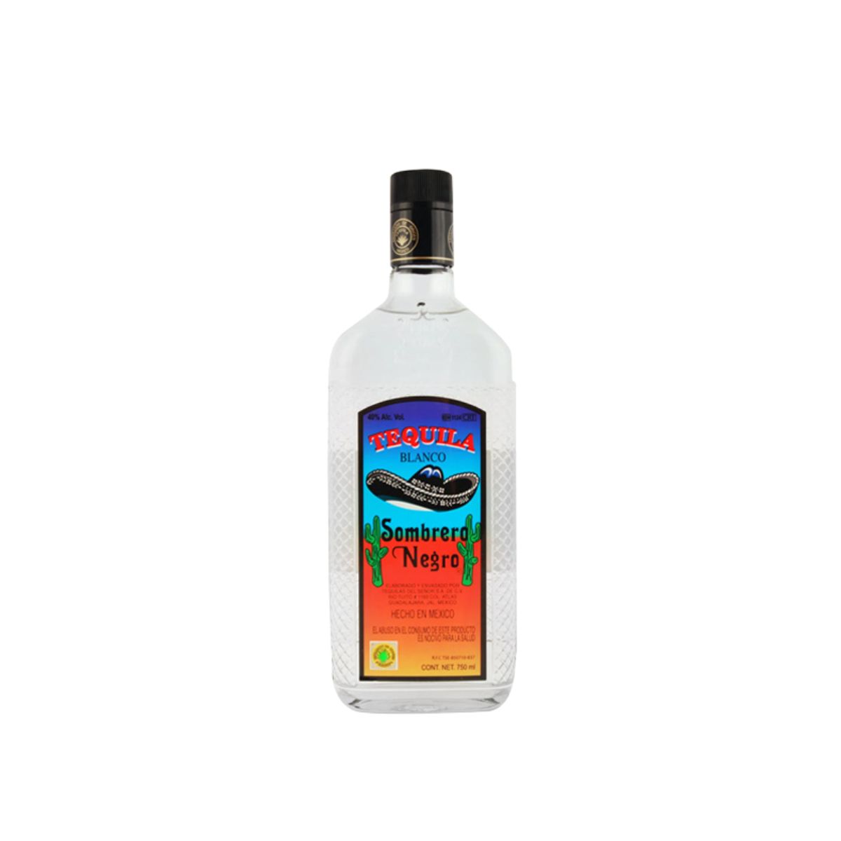 Tequila Sombrero Negro Blanco 750cc Botella de Tequila Sombrero Negro Blanco 750cc, tequila mexicano puro de agave con etiqueta vibrante y sombrero negro.