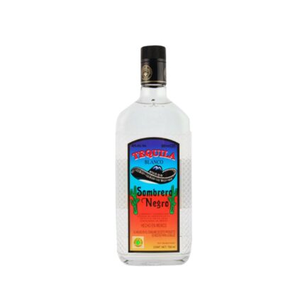 Botella de Tequila Sombrero Negro Joven 750cc, cristalina con etiqueta vibrante, sombrero y cactus, de México.