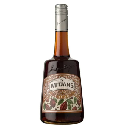 Botella de Licor Cacao Mitjans de 750 ml, con etiqueta vintage que muestra vainas de cacao, indicando Licores de Chile.